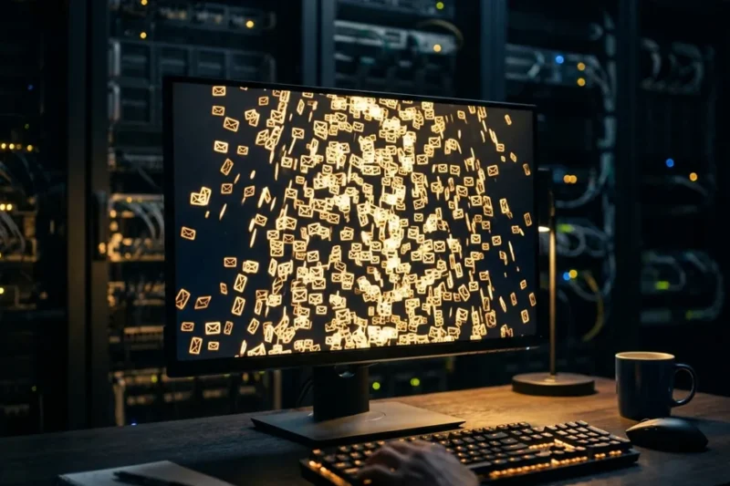 A monitor in a dark server room filled with glowing envelope icons, a flooded inbox