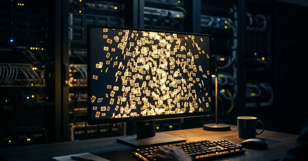 A monitor in a dark server room filled with glowing envelope icons, a flooded inbox