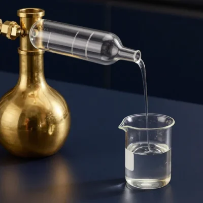 A brass distillation flask and condenser on a dark lab bench with the valve shut