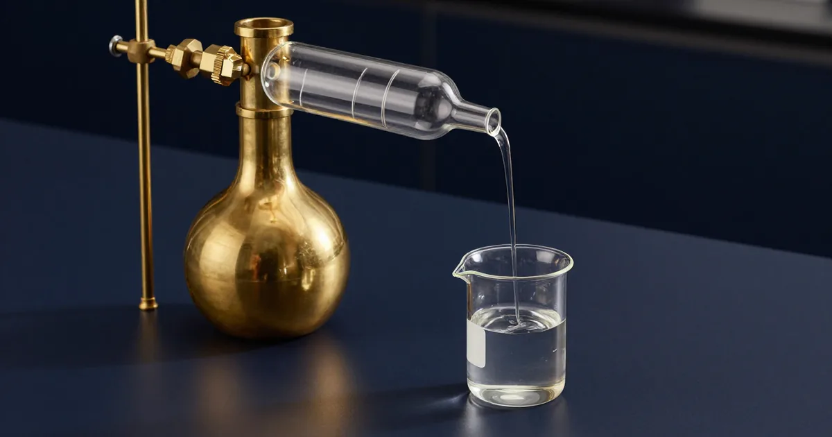 A brass distillation flask and condenser on a dark lab bench with the valve shut