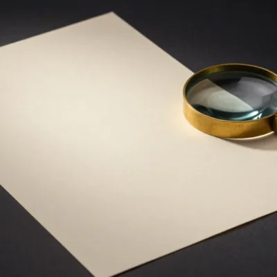 A sheet of cream paper on a lightbox showing a faint watermark pattern, a brass loupe beside it