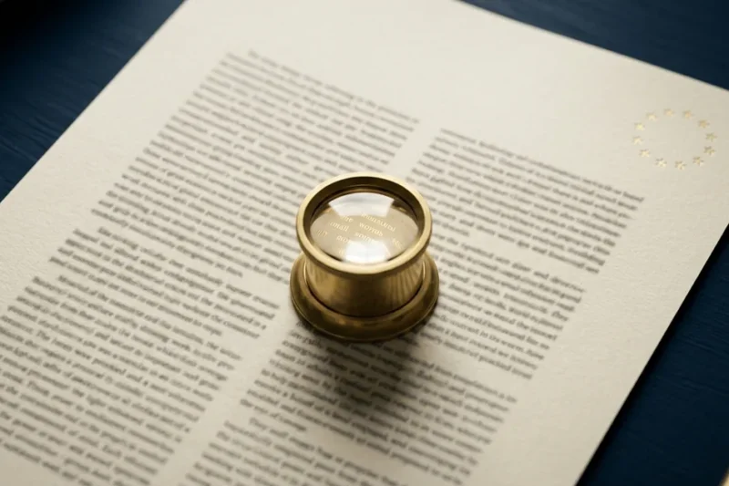 A brass jeweller's loupe on a sheet of typeset paper, with faint gold words visible through the lens and a small ring of gold stars in the page corner