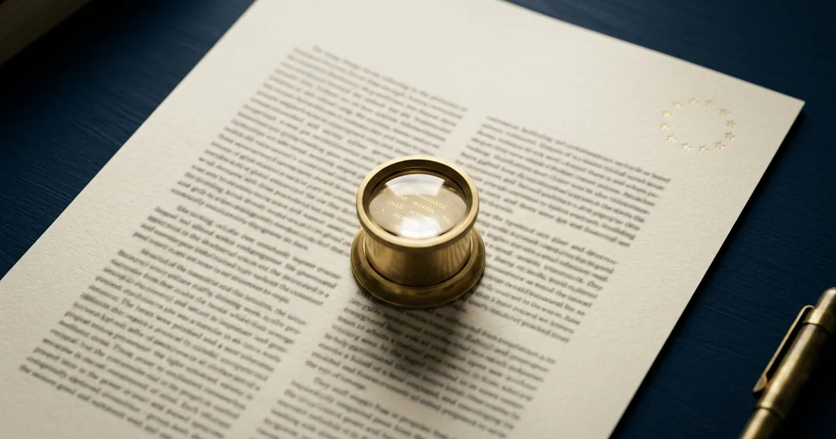 A brass jeweller's loupe on a sheet of typeset paper, with faint gold words visible through the lens and a small ring of gold stars in the page corner