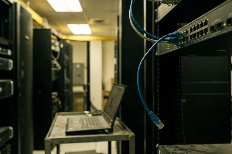 A blue ethernet cable hangs unplugged in front of a rack-mounted network switch in a server room, with a laptop on a cart in the background