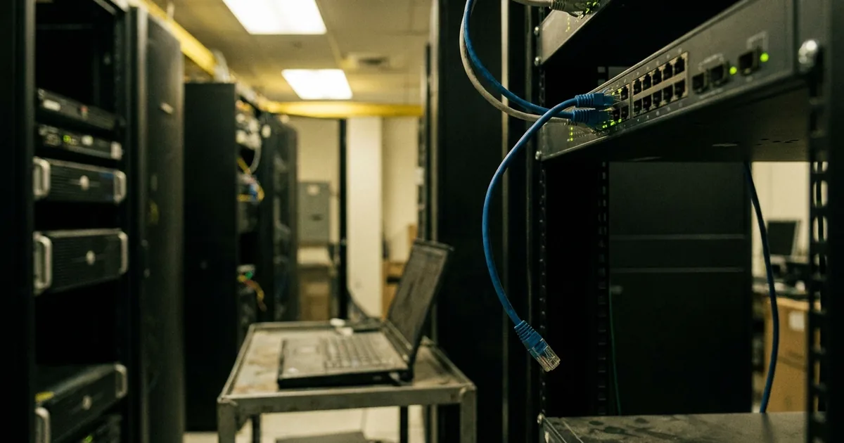 A blue ethernet cable hangs unplugged in front of a rack-mounted network switch in a server room, with a laptop on a cart in the background