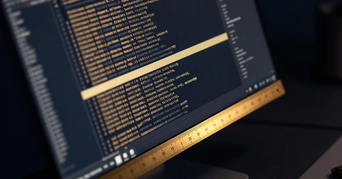 A tilted monitor showing a long incident log with one line highlighted in gold, a brass ruler on the bezel