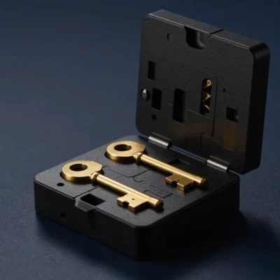 A matte black puzzle box opened to reveal small brass tools nested inside