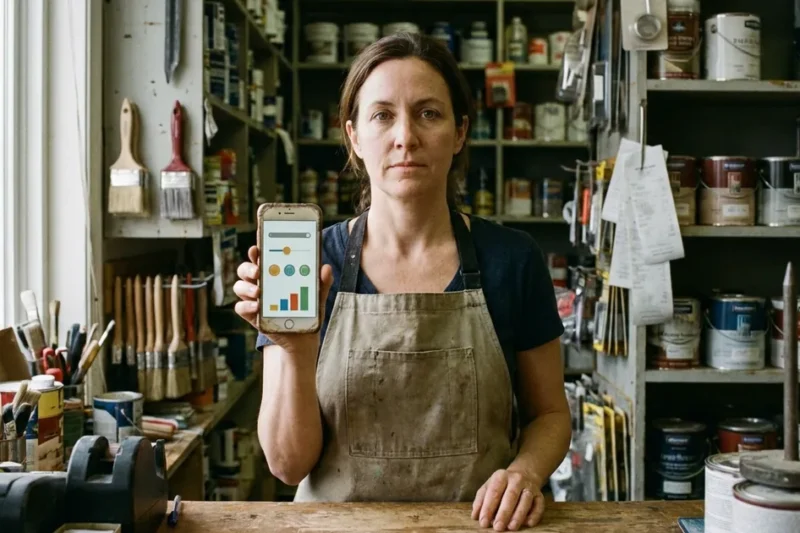 A paint shop owner in an apron stands behind a wooden counter holding up a smartphone showing a chat reply with a slider, buttons and a small bar chart