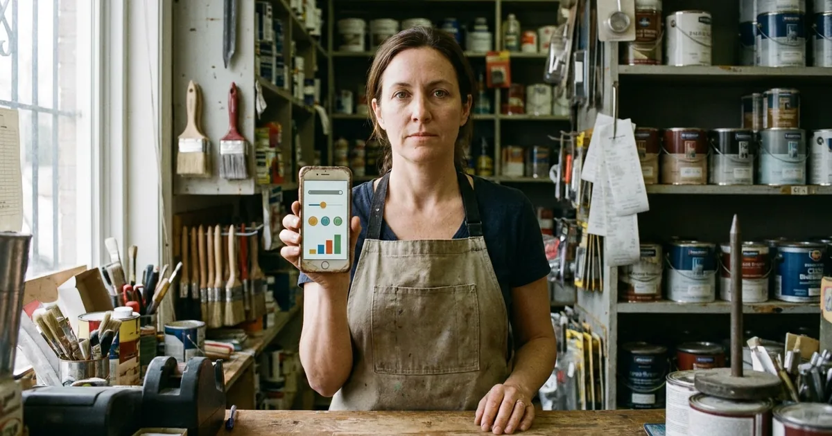 A paint shop owner in an apron stands behind a wooden counter holding up a smartphone showing a chat reply with a slider, buttons and a small bar chart