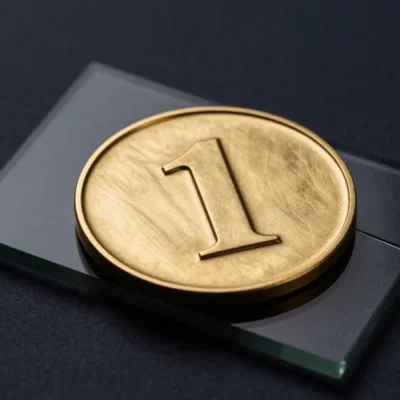 A brass medallion stamped with the numeral 1 resting askew on a cracked slab of smoked glass