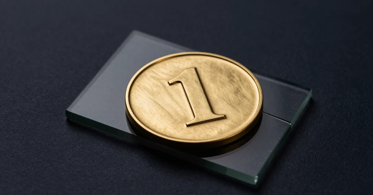 A brass medallion stamped with the numeral 1 resting askew on a cracked slab of smoked glass