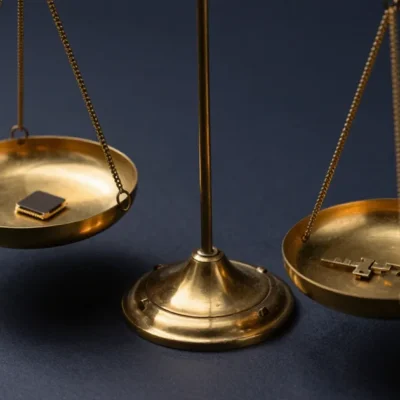A brass balance scale with a tiny chip on one pan and the other pan tipped high