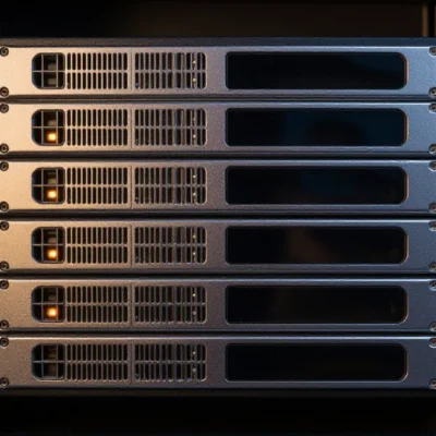 A rack of dark server blades with most status lights out and one amber light still on