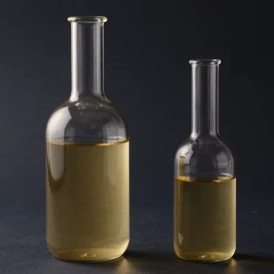 Two glass bottles on a dark surface, one large and one small, each holding a measure of amber liquid, under a warm brass key light