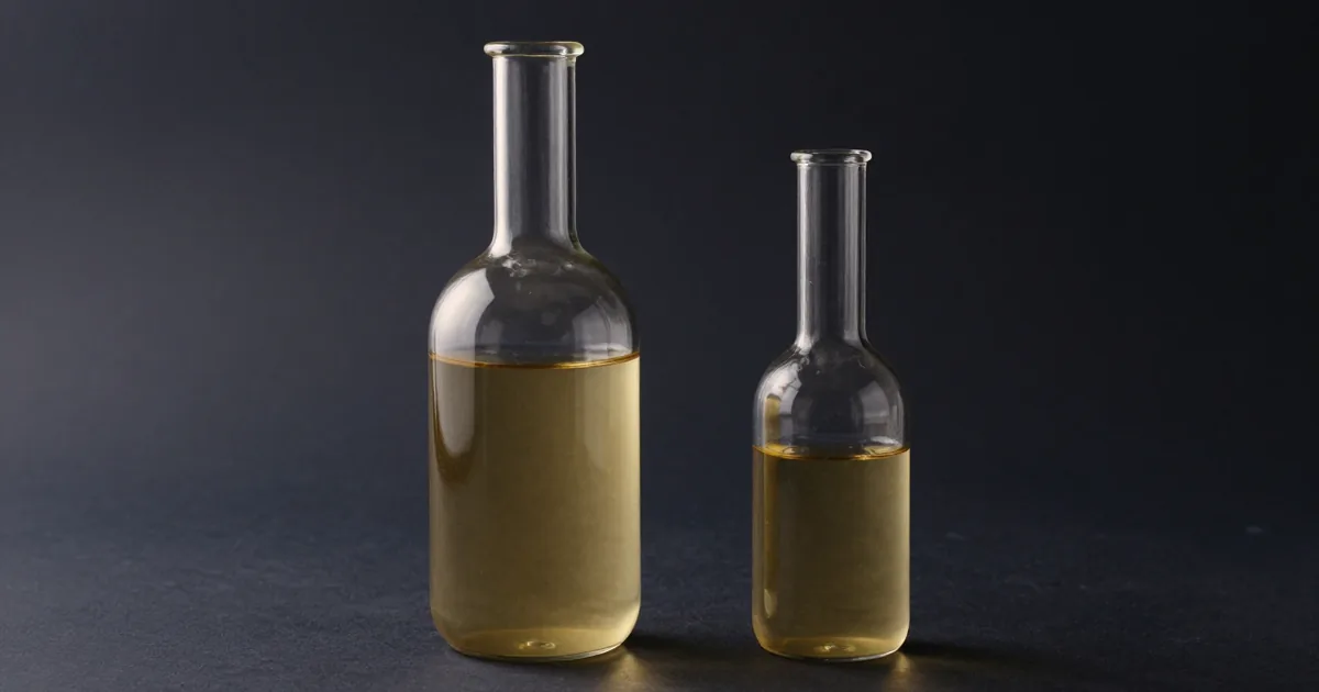 Two glass bottles on a dark surface, one large and one small, each holding a measure of amber liquid, under a warm brass key light