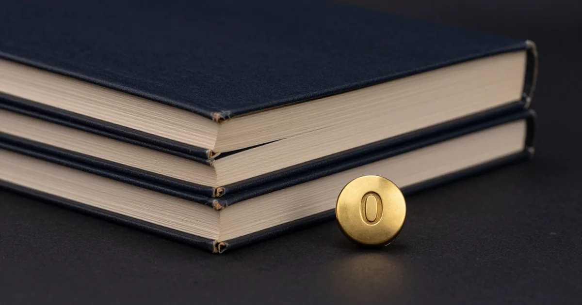 Three bound logbooks stacked beside a round brass transfer button marked 0 on a dark surface