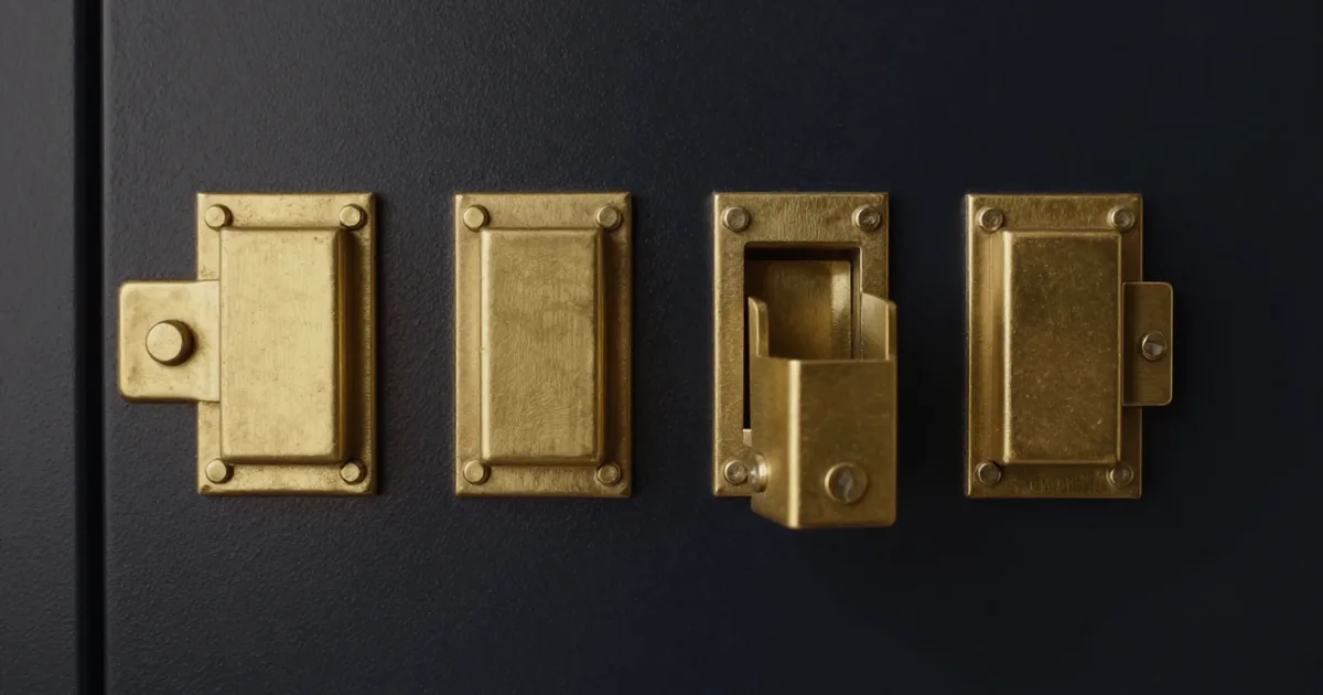 Four brass door latches in a row on a dark navy panel, three bolted shut and one standing open