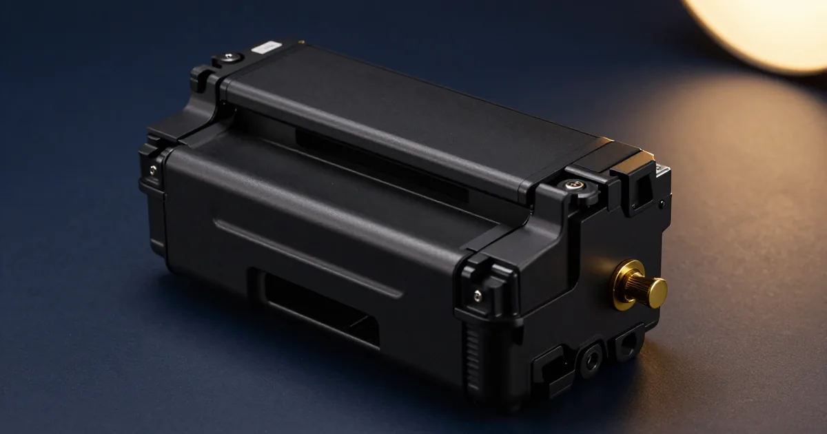 A rack of black archive cartridges with one empty slot and a brass switch turned off