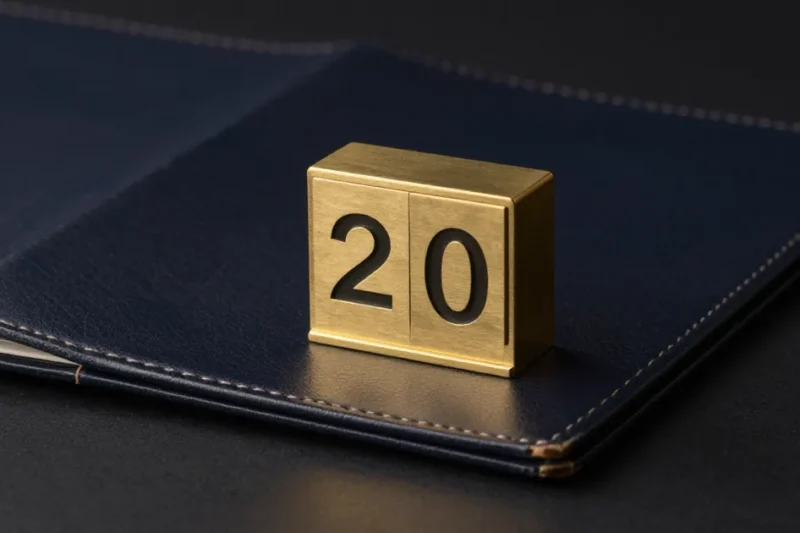 A brass calendar block showing the number 20 on a closed navy leather folder on a dark desk.