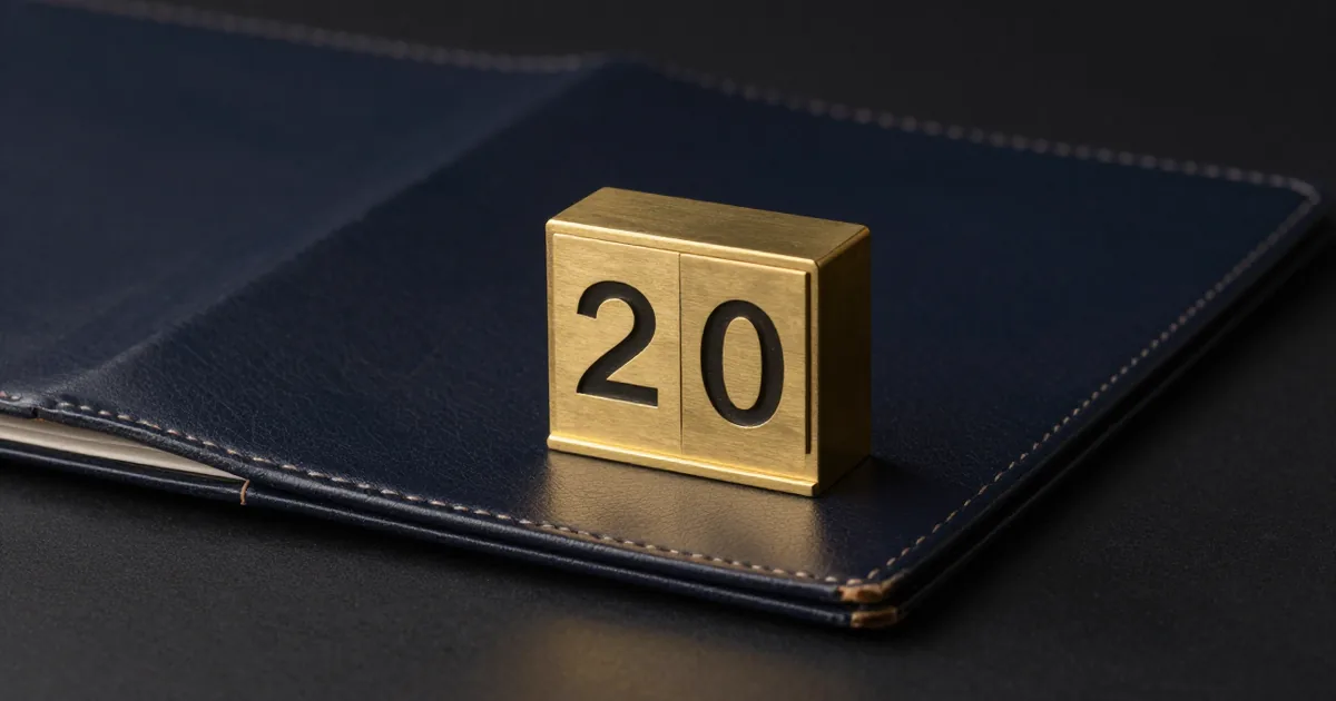 A brass calendar block showing the number 20 on a closed navy leather folder on a dark desk.