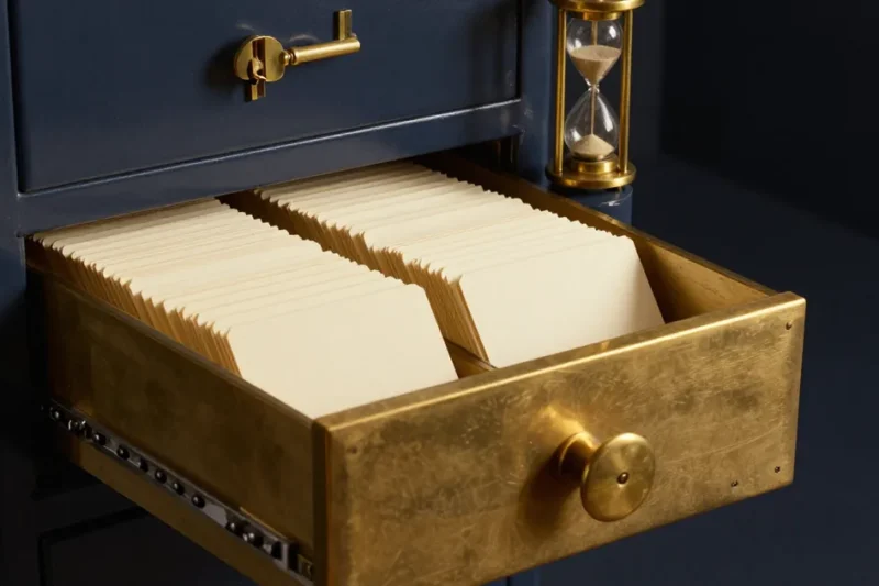 An open brass-fronted archive drawer full of blank cream index cards, with a small brass hourglass on the cabinet behind it