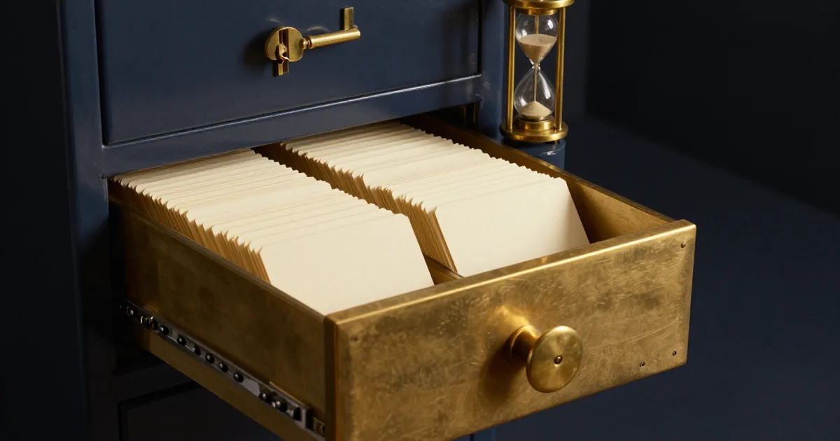 An open brass-fronted archive drawer full of blank cream index cards, with a small brass hourglass on the cabinet behind it