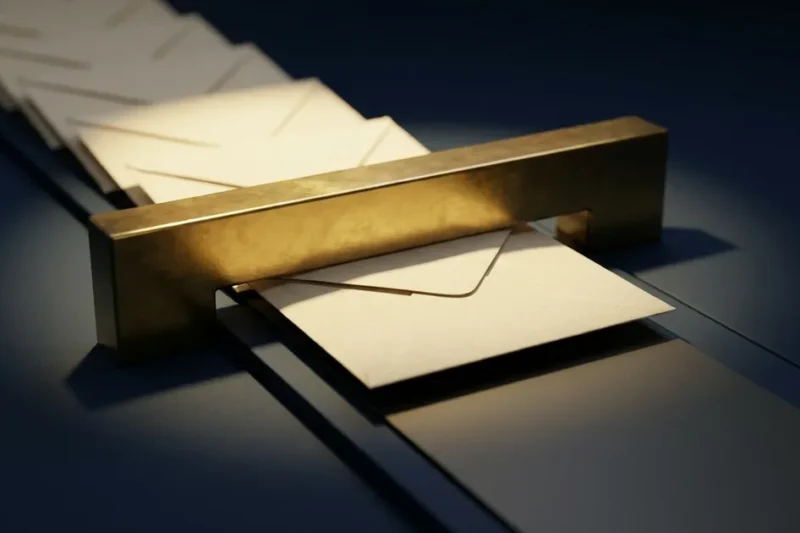 A heavy brass bar fixed across a conveyor belt, holding back a line of cream envelopes