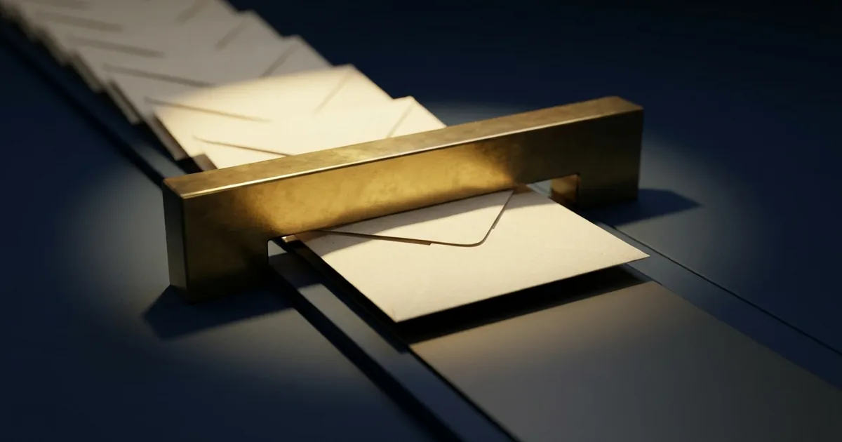 A heavy brass bar fixed across a conveyor belt, holding back a line of cream envelopes