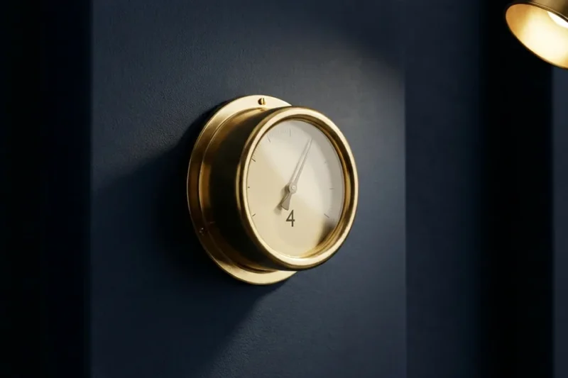 A brass electricity meter on a dark navy panel, its needle resting just past zero, standing for a usage meter switched on by default