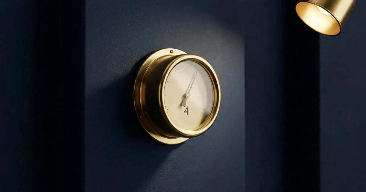 A brass electricity meter on a dark navy panel, its needle resting just past zero, standing for a usage meter switched on by default
