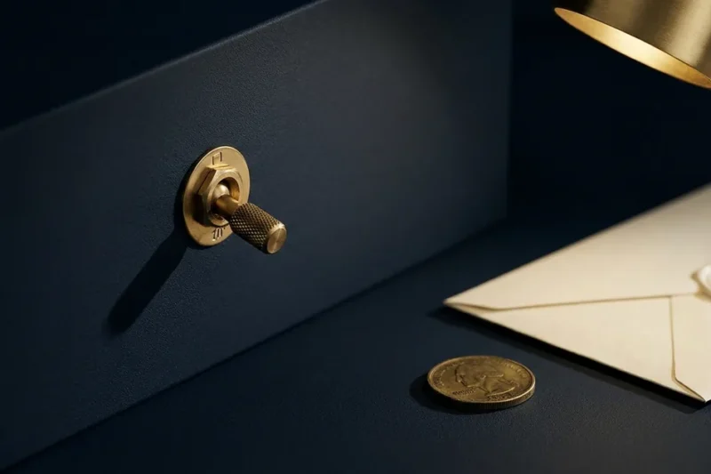 A brass toggle switch flipped off on a navy panel, with a sealed cream envelope and a single brass coin beside it