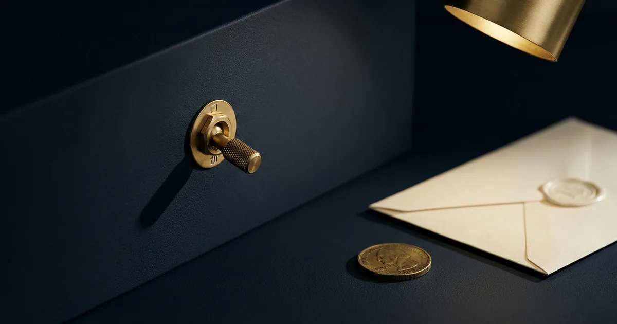 A brass toggle switch flipped off on a navy panel, with a sealed cream envelope and a single brass coin beside it